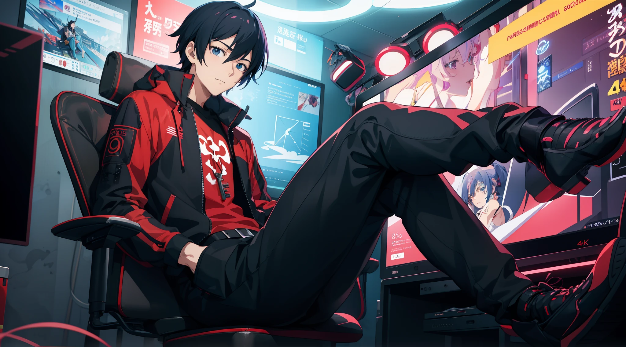 anime guy sitting in a chair with his feet up in front of a computer, anime style 4 k, badass anime 8 k, best anime 4k konachan wallpaper, 4k anime wallpaper, handsome anime pose, anime wallpaper 4 k, anime wallpaper 4k, key anime art, anime art wallpaper 8 k, digital cyberpunk anime art, anime art wallpaper 4k