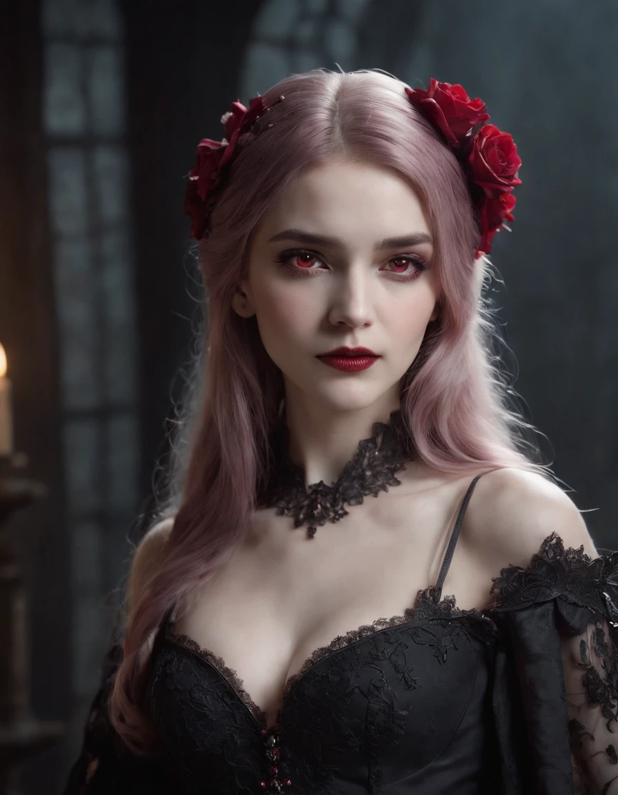 ((masterpiece)), Vampire princess, (absurdres, highres, ultra detailed),1girl, backlighting, bare shoulders, black background, black gothic dress, black and pink hair, blood, cowboy shot, dress, ornate ancient earrings, expressionless, roses, light particles, long hair, looking at viewer, off-shoulder gothic ancient boned design dress, rose petals, red eyes,medium shot