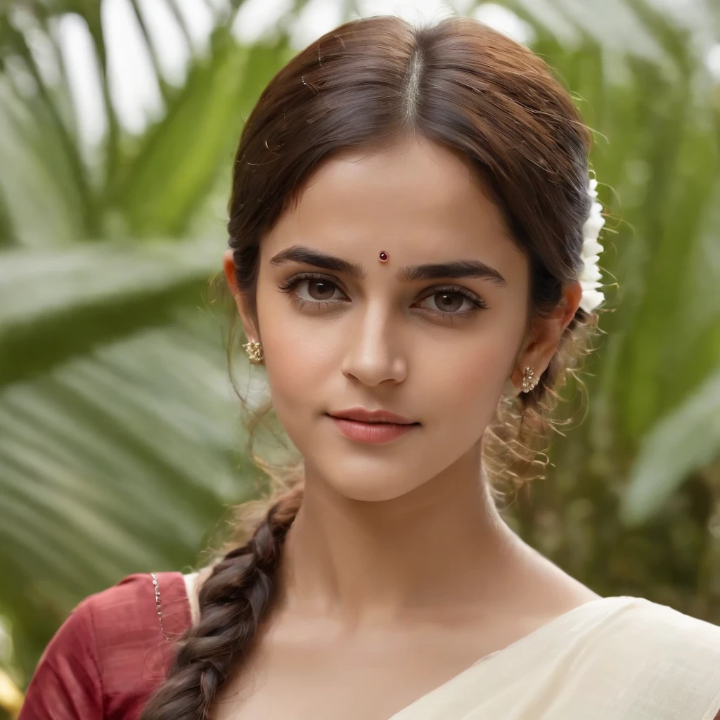 (best quality,4k,highres,masterpiece:1.2), ultra-detailed, (realistic,photorealistic,photo-realistic:1.37), Emma Watson in Kerala White Cotton Saree, with shyness smooth light extra detailed face, half body portrait, slim figure, Kerala style look, extra detailed eyes, beautiful detailed lips, glossy black long hair, delicate facial features, graceful and elegant pose, vibrant colors, soft, warm lighting, scenic background with lush greenery, palm trees, and traditional Kerala architecture.