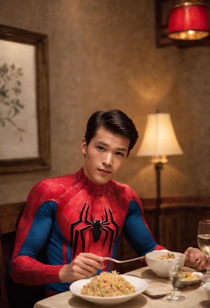 Cinematographer, ultra realista, Ropa detallada, Bellamente detallado, UHD, HDR, Altas Resoluciones, ultra detallado, Detalles intrincados, Efectos texturales, absurdos, obra maestra, 8k:1.2. En esta imagen, vemos a Spider-Man en un inusual descanso de sus actividades heroicas. He's standing in a chic Asian restaurant in his iconic costume.................... Spider-Man holds a bowl of Chinese fried rice mixed with oriental stir-fried noodles in his hands skillfully.., usando unos elegantes palillos chinos para llevar un bocado a su boca. The plate is full of fried rice, salteado. The restaurant is decorated with traditional Chinese elements, como linternas rojas colgando del techo y dragones dorados esculpidos en las paredes. The dim light of the lanterns creates a warm and welcoming atmosphere in the place.