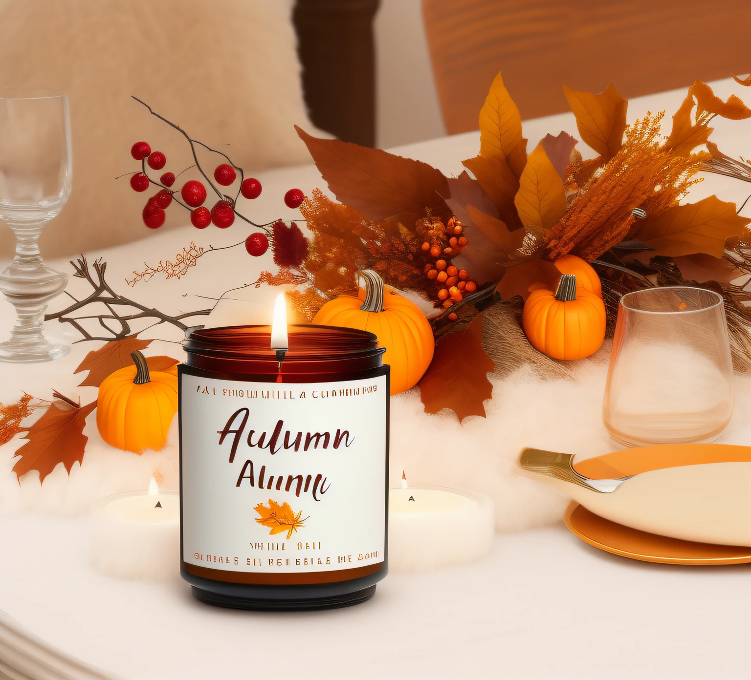 There is a candle on the table, beautiful autumn spirit, the goddess of autumn harvest, autumnal, goddess of autumn, Autumn, warm, fall, fall season, Autumn wind, full face view, autum, harvest fall vibrance, 💋 💄 👠 👗, a wide full shot, amber, autumnal empress, renaissance autumnal, pumpkins