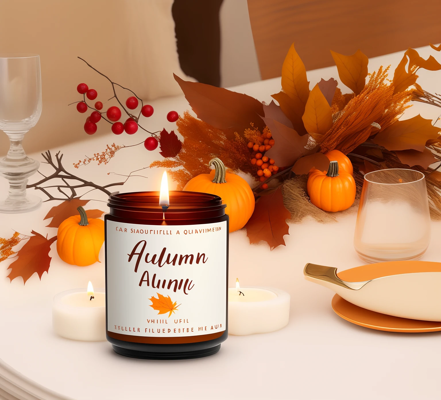 There is a candle on the table, beautiful autumn spirit, the goddess of autumn harvest, autumnal, goddess of autumn, Autumn, warm, fall, fall season, Autumn wind, full face view, autum, harvest fall vibrance, 💋 💄 👠 👗, a wide full shot, amber, autumnal empress, renaissance autumnal, pumpkins
