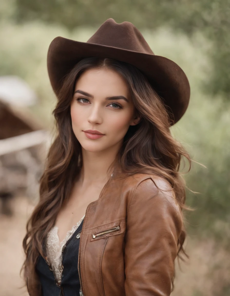 4k hltra hd, mastermiece, best quality, a girl, good face, detailed eyes, detailed lips, long hair, strait hair, wearing cowboy outfit, bare stomach, leather jacket, cowboy hat, blurred background, morning, whole body capture，medium shot