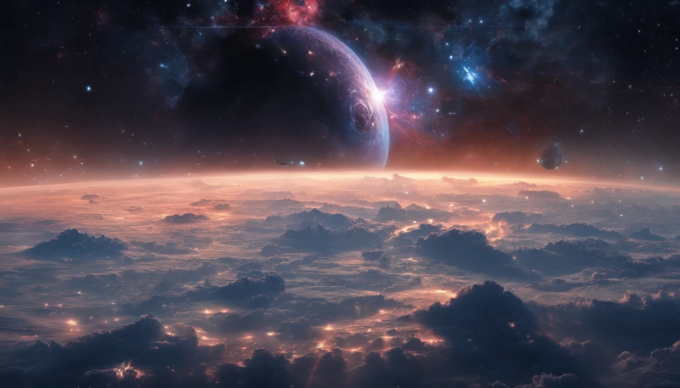((Masterpiece)),(Best quality)),Magnificent space image scene,heavenly body,Interstellar,Huge star gates,(((Huge starship))),Spaceship,Shining starry sky,8K,super-fine,high qulity