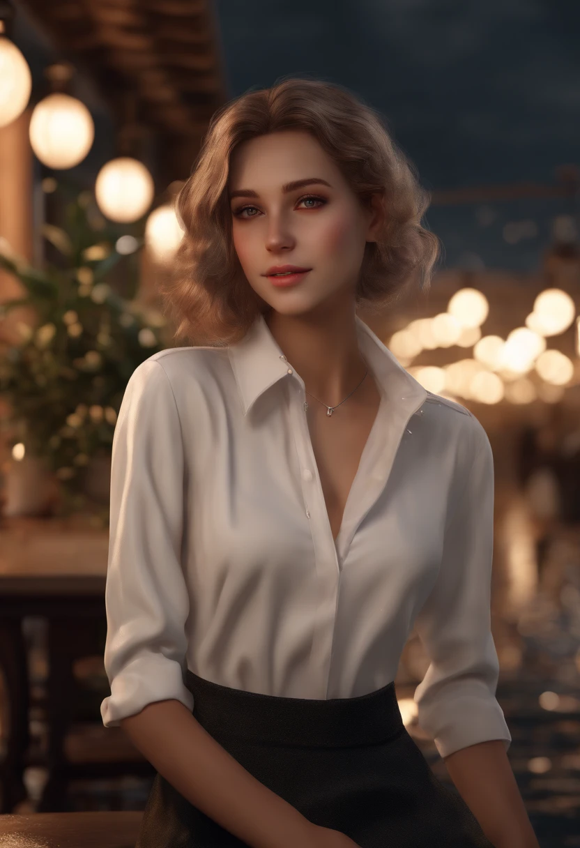 (8K, Top quality, Masterpiece: 1.2), (Realistic, Photorealistic: 1.37), Super detailed, Girl 1 person, 17 years old, Solo, Small breasts, Beautiful detailed sky, Detailed café, Night, (Blush), (Smile: 1.15), (Closed mouth), small, (Shirt with collar: 1.1), Night, Wet, office clothes, rain, White lace, (Short hair: 1.2), Floating hair NovaFrogStyle, Random sexy pose,