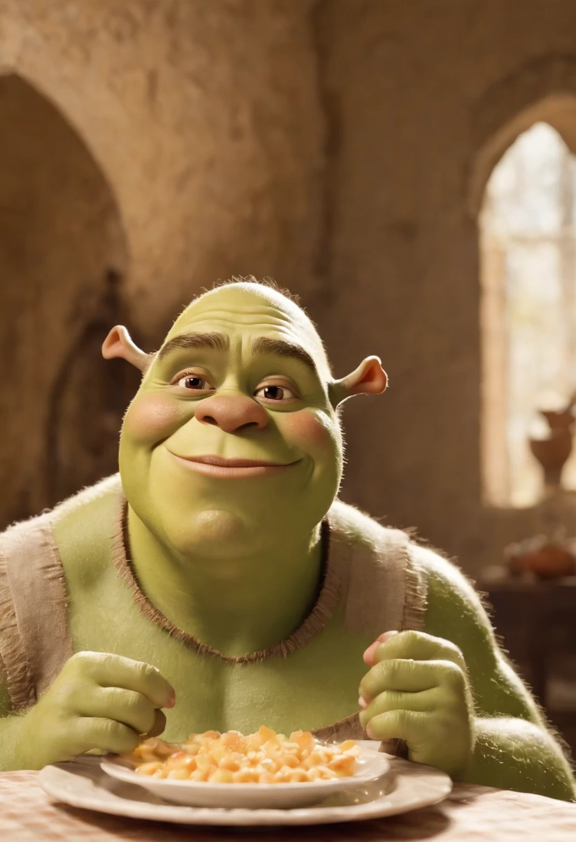 Cinematographer, ultra realista, Sherk, en una cocina, Cara hermosa, toma de cuerpo completo, Ropa detallada, Mujer bellamente detallada, Ojos y cara extremadamente detallados, hermosos ojos detallados, UHD, HDR, Altas Resoluciones, ultra detallado, Detalles intrincados, Efectos texturales, absurdos, obra maestra, 8k:1.2) Imagine a unique scene: shrek, The iconic green ogre from the film, He's sitting in his favorite swamp while holding an empty plate in his huge hands...... Vividly describe how shrek enjoys the moment, revealing his characteristic carefree personality and love of good food. Pay attention to the details of their facial expression, su postura y el ambiente del pantano para dar vida a esta inusual pero deliciosa escena
