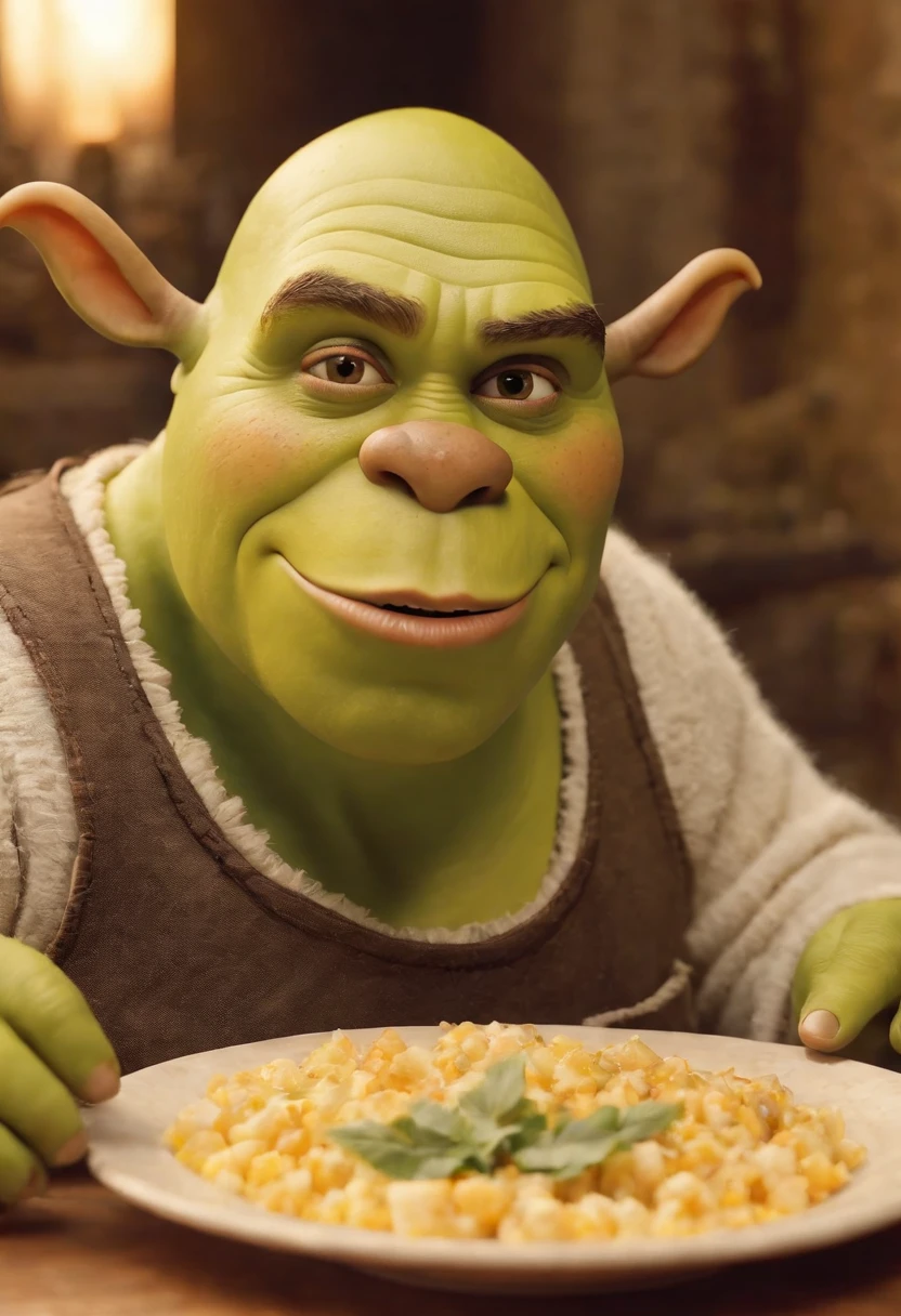 Cinematographer, ultra realista, Sherk, en una cocina, Cara hermosa, toma de cuerpo completo, Ropa detallada, Mujer bellamente detallada, Ojos y cara extremadamente detallados, hermosos ojos detallados, UHD, HDR, Altas Resoluciones, ultra detallado, Detalles intrincados, Efectos texturales, absurdos, obra maestra, 8k:1.2) Imagine a unique scene: shrek, The iconic green ogre from the film, He's sitting in his favorite swamp while holding an empty plate in his huge hands...... Vividly describe how shrek enjoys the moment, revealing his characteristic carefree personality and love of good food. Pay attention to the details of their facial expression, su postura y el ambiente del pantano para dar vida a esta inusual pero deliciosa escena