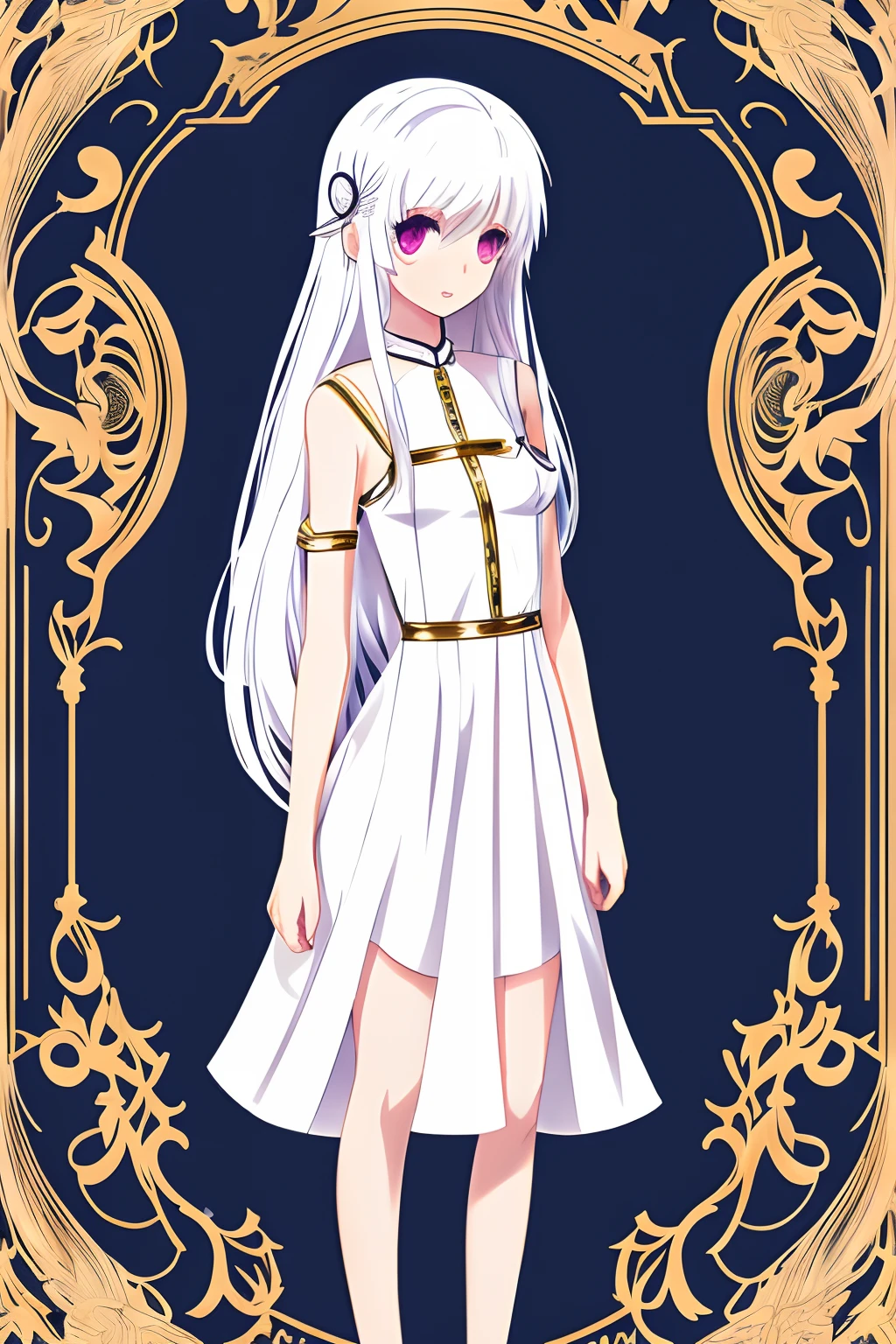 ars old girl,White hair,eye color is golden,The long-haired,deadpan,Transparency,full body Esbian,White Dress,comic strip,anime style illustration