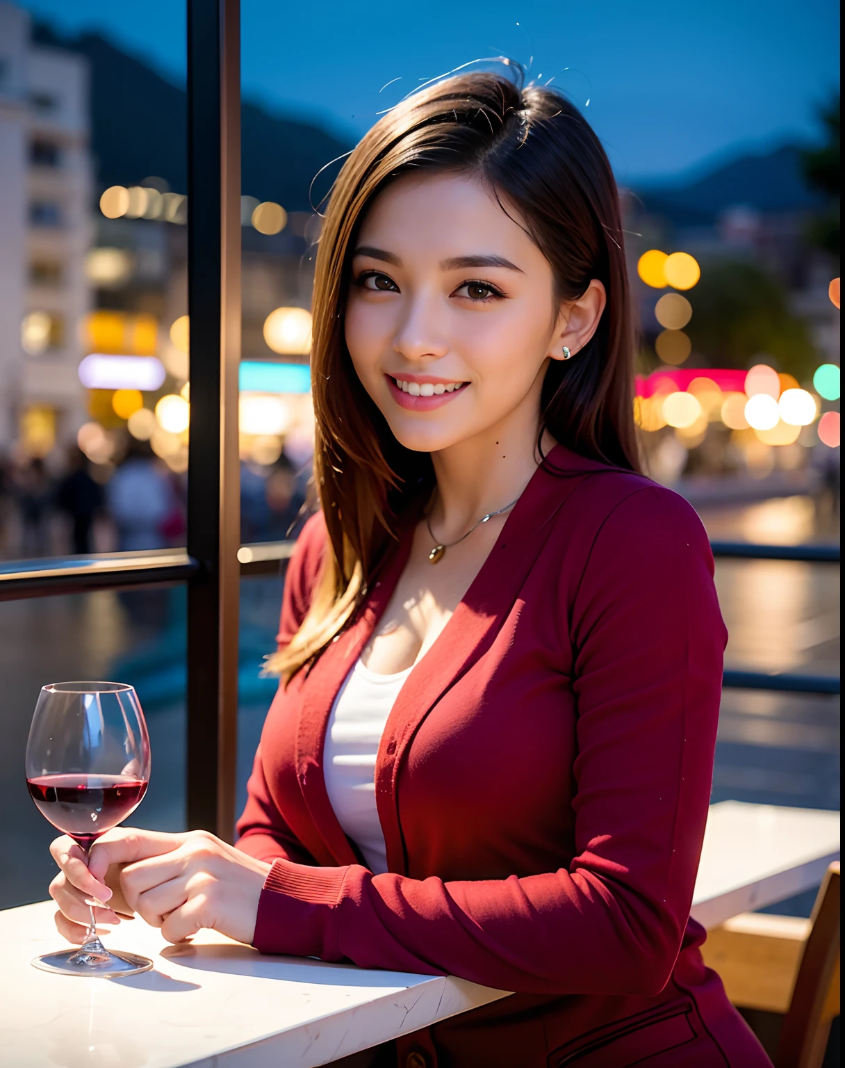 (64K, UHD, top quality, masterpiece: 1.2), (realistic, photorealistic: 1.37), super detailed, pretty woman 1 person, (slim face), (slim body), (brown hair), (short cut), cheeks slightly blushing, (44 years old), 38 years old, solo, beautiful detailed urban night view outside the window, restaurant, wine glasses sit, at night, in a prominent placeNovaFrogStyle, Actress, Model, Waist Up, White Wine, Slim, Wine Glass, Super Clean Night View, Wine Glass Put in the Middle, Happy Smile, (Smile: 1.15), Beautiful Fine Eyes, Upper Body, Bust Japan Up, Night, Short, Short, Actress, Model, Waist Up, White Wine, Slim, Wine Glass, Super Clean Night View, Wine Glass Put in the Middle, Happy Smile,