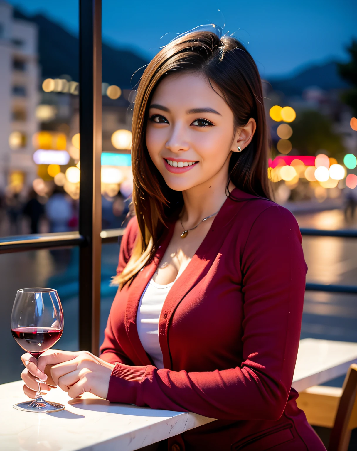 (64K, UHD, top quality, masterpiece: 1.2), (realistic, photorealistic: 1.37), super detailed, pretty woman 1 person, (slim face), (slim body), (brown hair), (short cut), cheeks slightly blushing, (44 years old), 38 years old, solo, beautiful detailed urban night view outside the window, restaurant, wine glasses sit, at night, in a prominent placeNovaFrogStyle, Actress, Model, Waist Up, White Wine, Slim, Wine Glass, Super Clean Night View, Wine Glass Put in the Middle, Happy Smile, (Smile: 1.15), Beautiful Fine Eyes, Upper Body, Bust Japan Up, Night, Short, Short, Actress, Model, Waist Up, White Wine, Slim, Wine Glass, Super Clean Night View, Wine Glass Put in the Middle, Happy Smile,