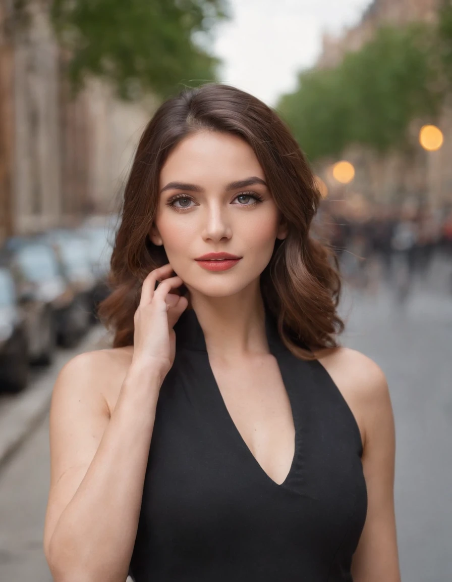 Movie set, movie shoot，a selfie (masterpiece, best quality), beautiful woman, detailed sleeveless turtleneck, pants, necklace, wavy hair, perfect face, beautiful face, seductive, big beautiful eyes, open mouth, happy, perfect slender body , (outdoors), city streets, New York, bright colors，half length shot