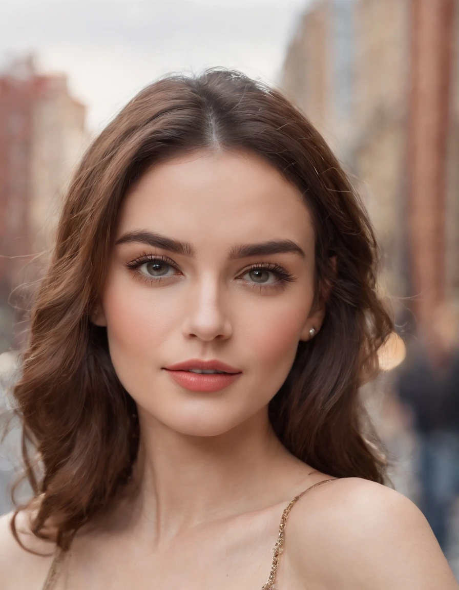 Movie set, movie shoot，a selfie (masterpiece, best quality), beautiful woman, detailed sleeveless turtleneck, pants, necklace, wavy hair, perfect face, beautiful face, seductive, big beautiful eyes, open mouth, happy, perfect slender body , (outdoors), city streets, New York, bright colors，half length shot