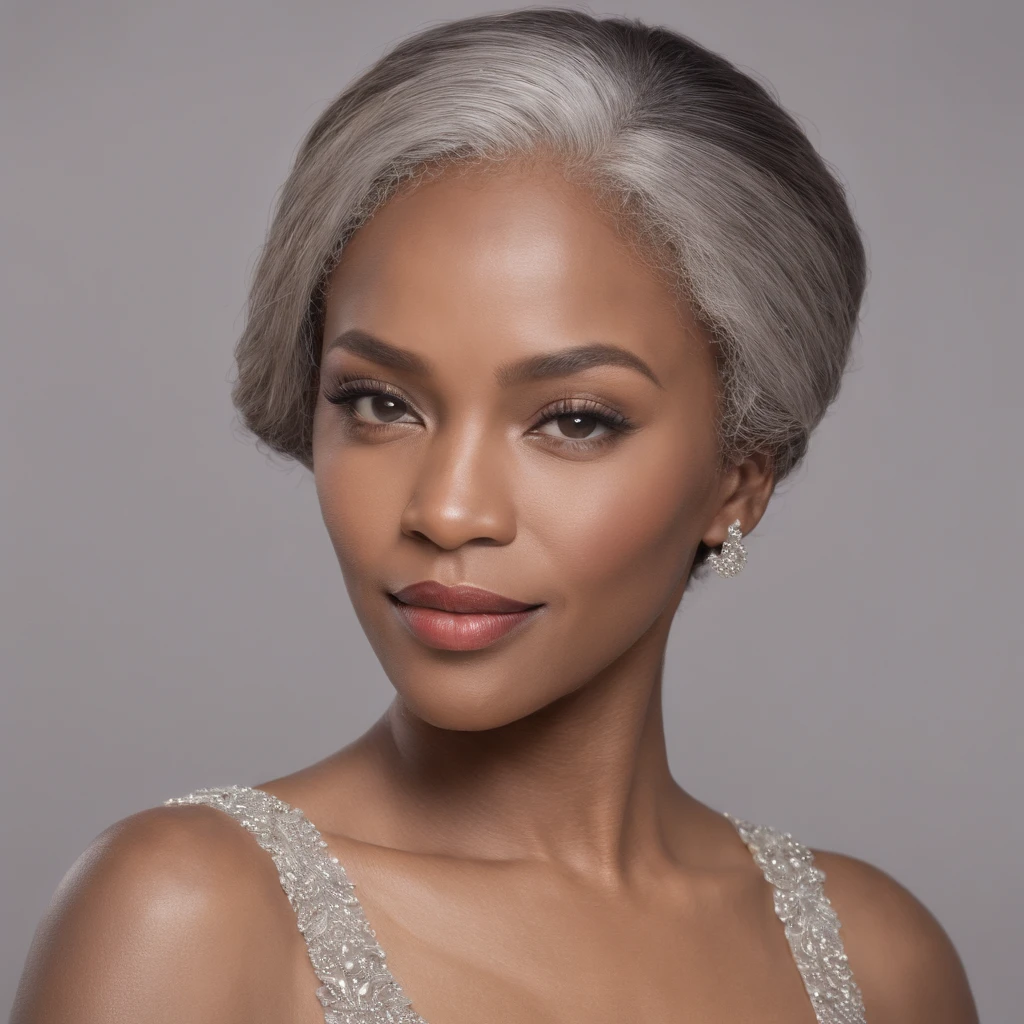 ((Best quality)), ((Hyper-Resolution)), ((Photorealistic:1.1)), (Complex details), African American woman, A half body, Very beautiful and elegant African American woman, 35yo，55 kg, Reveal all hair, Grandma gray hair, Wave head wavy curls, Gray hair color, Perfect hair, Fine strands of hair, detail in face, She shot against a white wall background