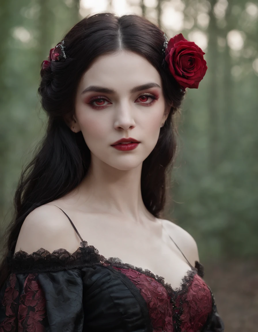 ((masterpiece)), Vampire princess, (absurdres, highres, ultra detailed),1girl, backlighting, bare shoulders, black background, black gothic dress, black and pink hair, blood, cowboy shot, dress, ornate ancient earrings, expressionless, roses, light particles, long hair, looking at viewer, off-shoulder gothic ancient boned design dress, rose petals, red eyes,half length shot