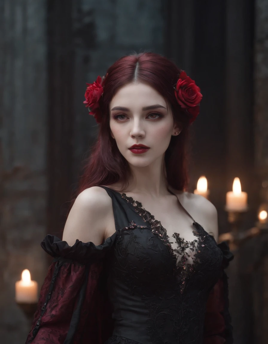 ((masterpiece)), Vampire princess, (absurdres, highres, ultra detailed),1girl, backlighting, bare shoulders, black background, black gothic dress, black and pink hair, blood, cowboy shot, dress, ornate ancient earrings, expressionless, roses, light particles, long hair, looking at viewer, off-shoulder gothic ancient boned design dress, rose petals, red eyes,upper body