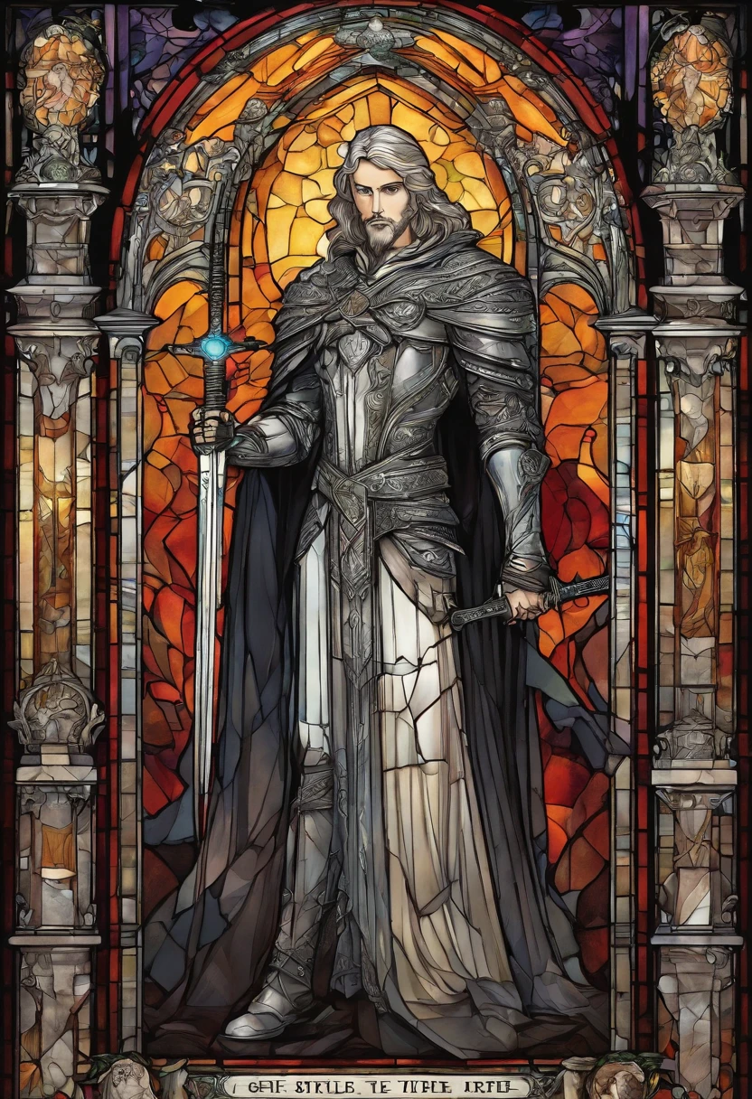 Hero of light, holding a shimmering sword into air, stained glass portrait, extremely detailed, absurdes