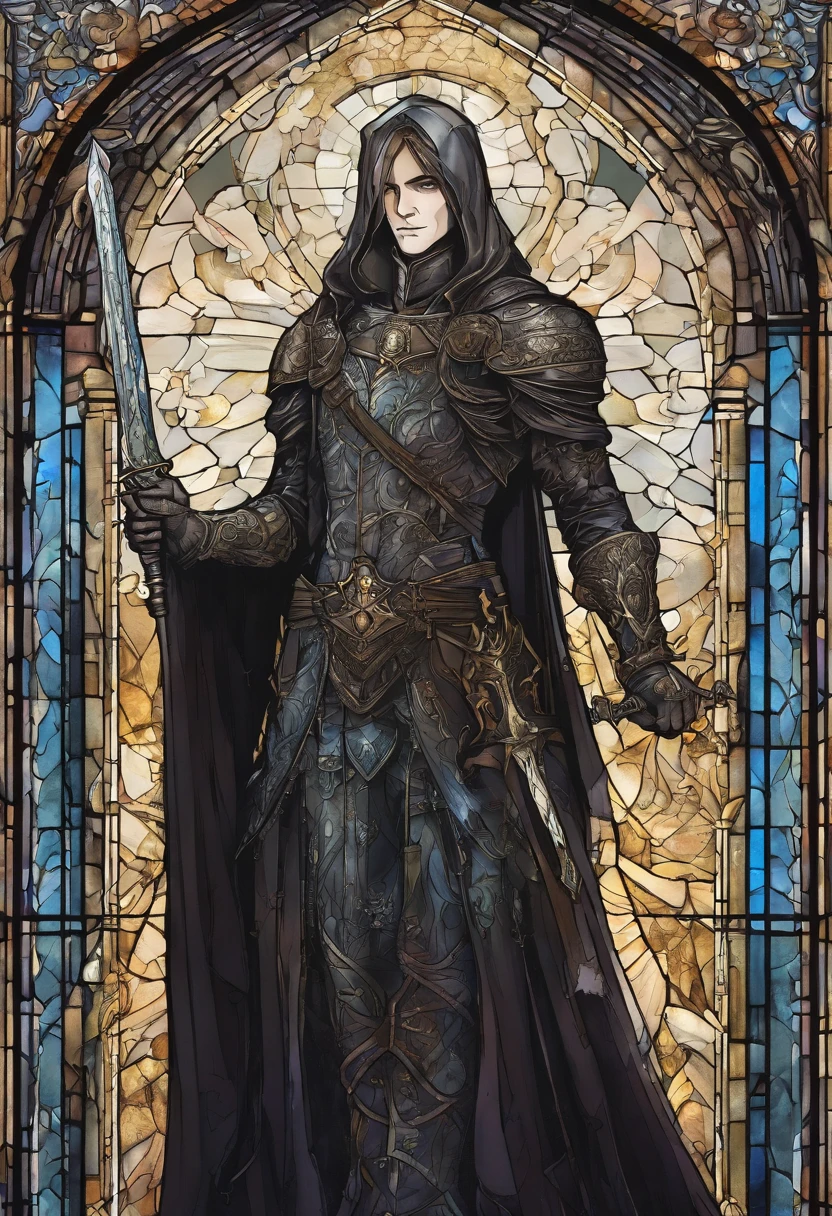 Hero of light, holding a shimmering sword into air, stained glass portrait, extremely detailed, absurdes