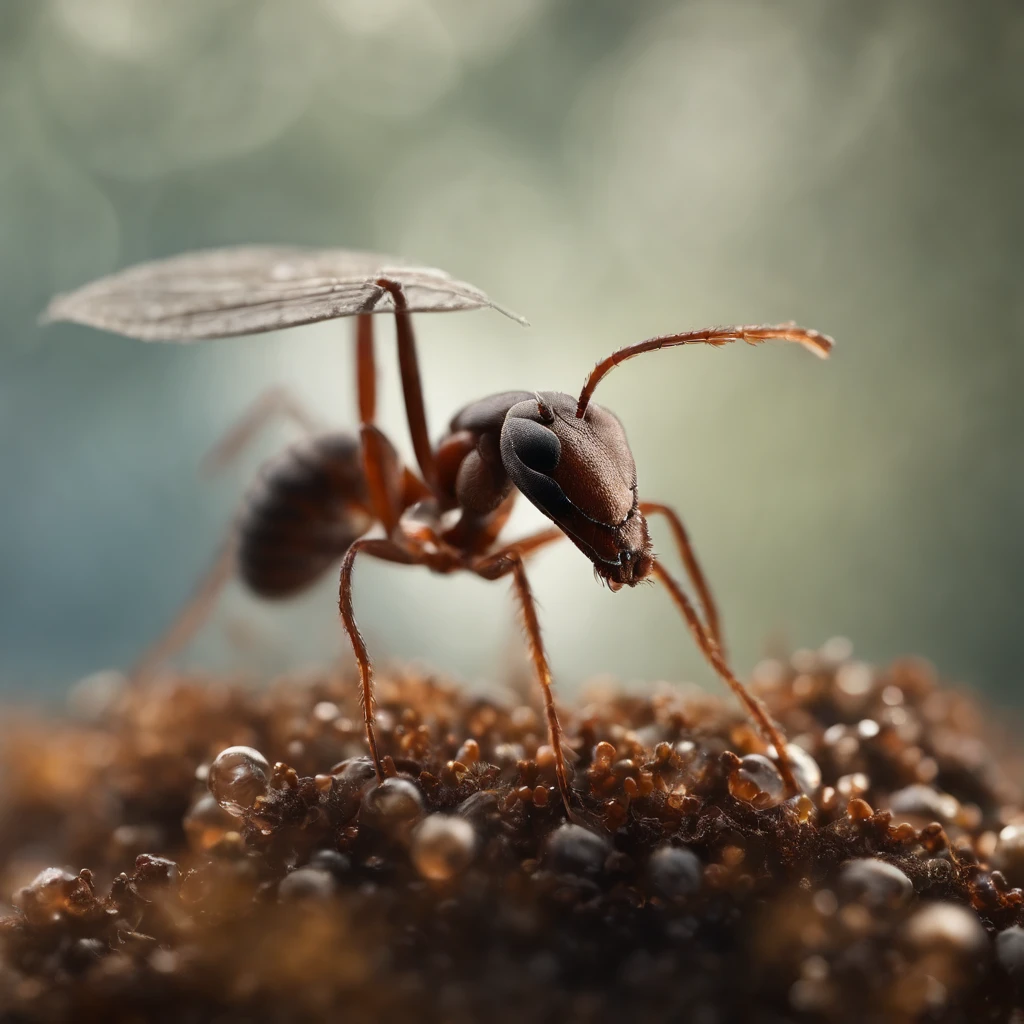 an ant stands on a piece of crystal snowflake dropping from the air