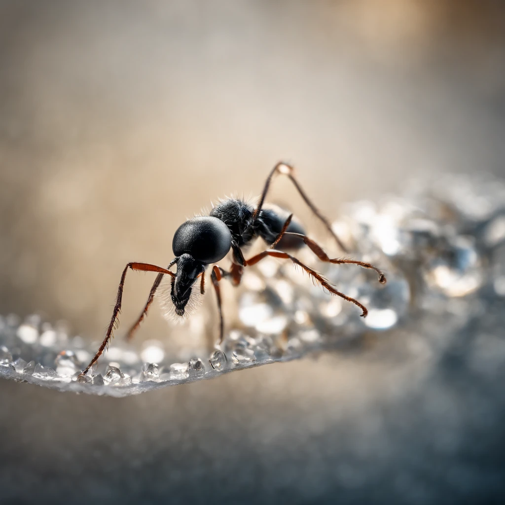 an ant stands on a piece of crystal snowflake dropping from the air
