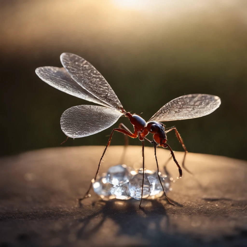 an ant stands on a piece of crystal snowflake dropping from the air