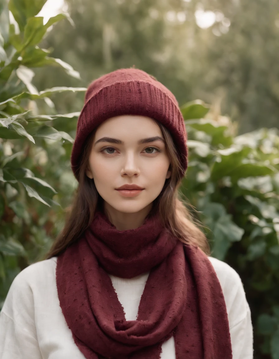 chick in hat with scarf against plants, in the style of dreamy portraits, maroon, candid photography style, honeycore, frayed, floral, normcore