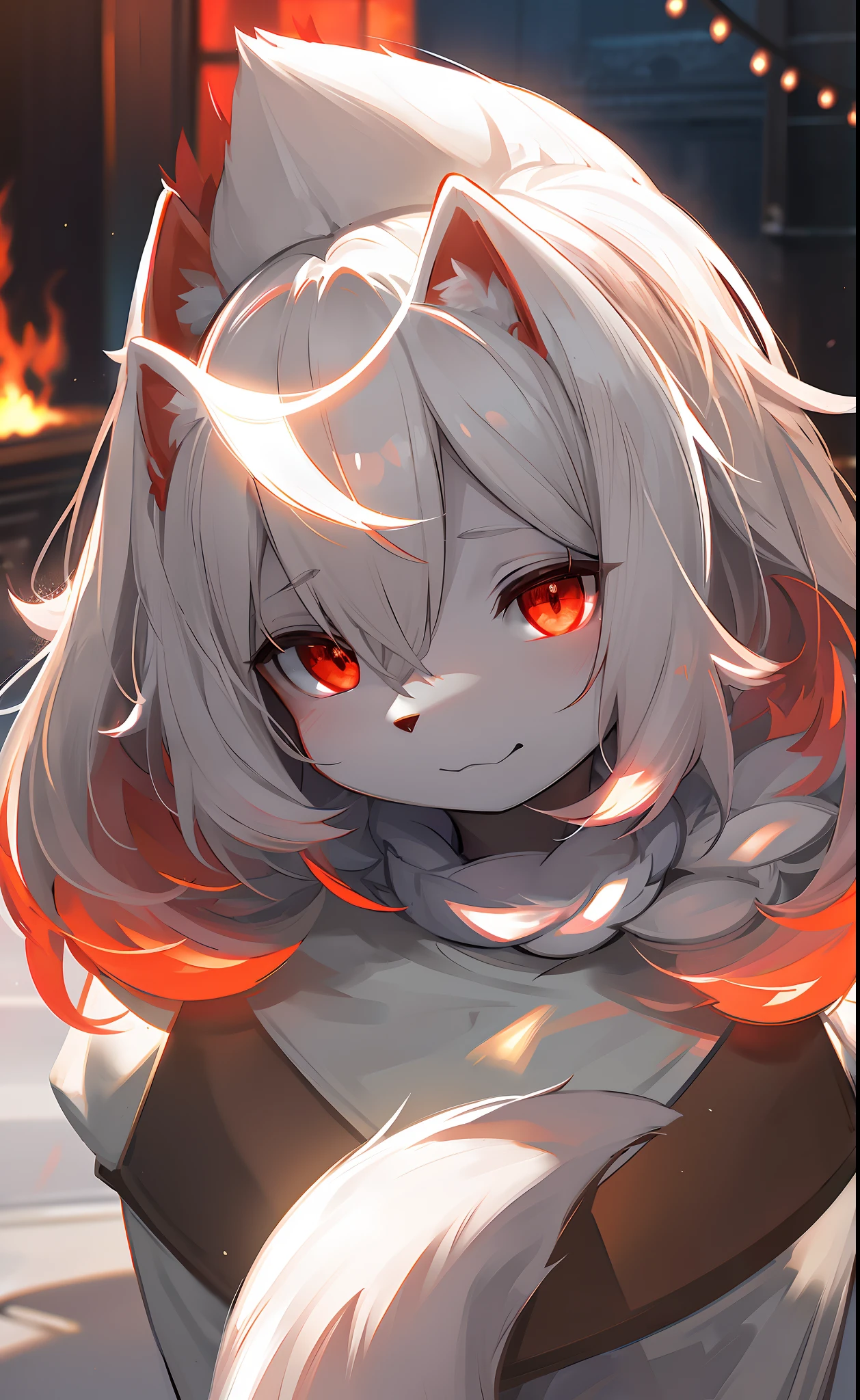 furry, white fur, ultra cute face, red elements on fur, glowing t-shrt, beautiful lights and shadows, ambient light, ultra detailed fur, volumetric light