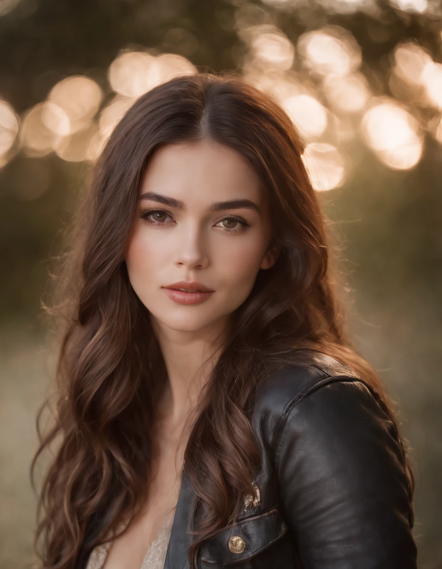 4k hltra hd, mastermiece, best quality, a girl, good face, detailed eyes, detailed lips, long hair, strait hair, wearing cowboy outfit, bare stomach, leather jacket, cowboy hat, blurred background, morning, whole body capture,Medium Long Shot
