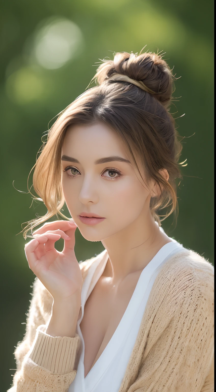 ((beste-Qualit, 8k, master piece :1.3)), 1fille, Jolie femme aux abdos fins :1.3, (hair tied up, Seins moyen :1.2), Cardigan :1.1, Ultra-detailed face, detailled eyes, Ultra-detailed bodies, double eyelidwork, Landscape detailed library