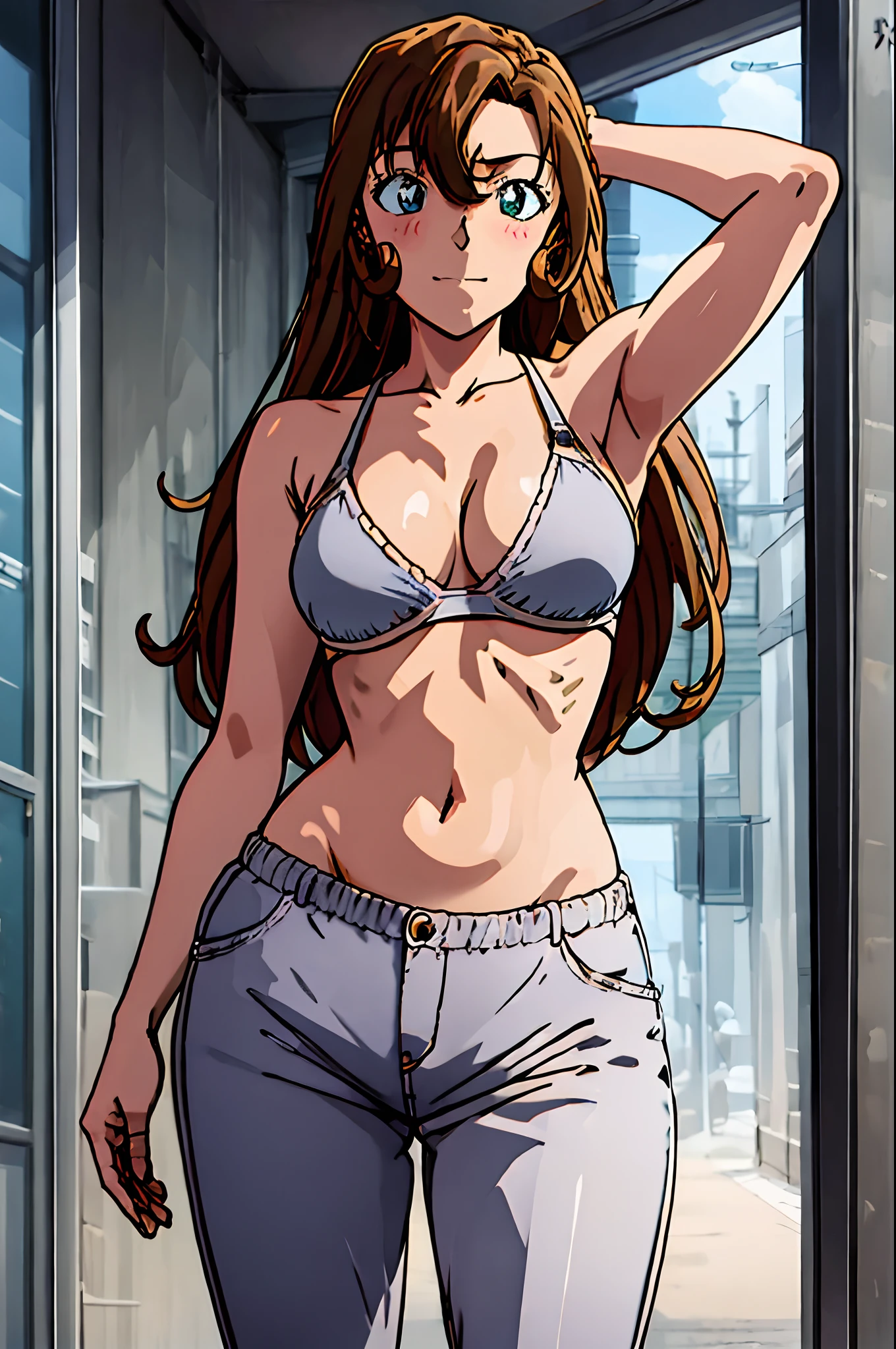 ((masterpiece)),((best quality)),ultra-detailed,illustration,1girl, solo, brown hair, long hair, flower, pants, midriff, crop top, breasts, looking at viewer, cleavage, brown eyes, beach, navel, medium breasts, bikini top, head tilt, knee up, closed mouth, bare shoulders, grey eyes, cloud, bangs, ,Beautiful body, Beautiful Nose, Beautiful character design, perfect eyes, perfect face, alluring, wallpaper, perfect lighting, Colorful, ultra highres,4K,photography, (medium breasts:1.2),(beautiful face:1.2),(narrow waist), shiny skin, anime screencap ,from below, mature female, full body, meitantei conan, standing, ((milf)), 37 years old, stretching