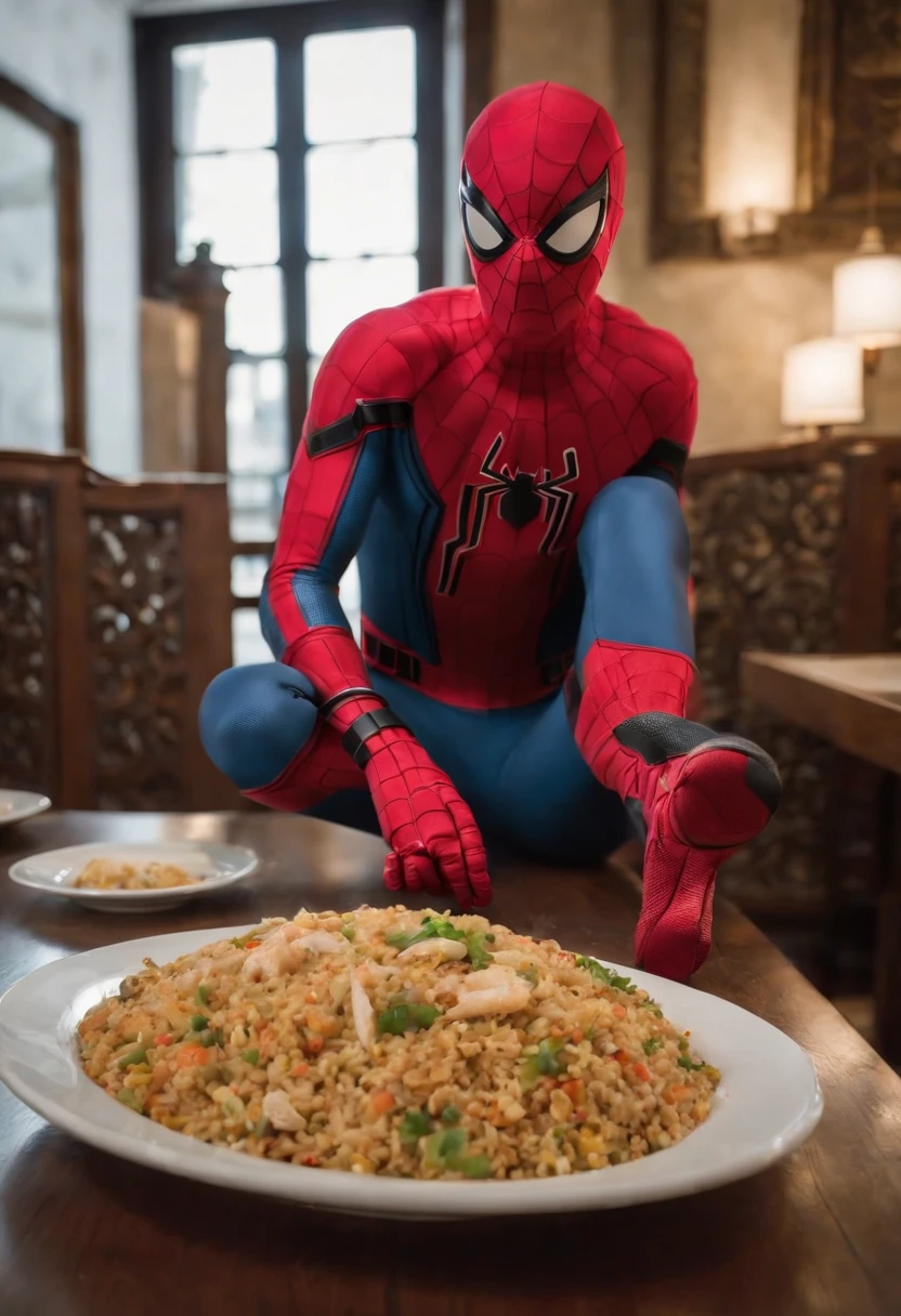 Cinematographer, ultra realista, Ropa detallada, Bellamente detallado, UHD, HDR, Altas Resoluciones, ultra detallado, Detalles intrincados, Efectos texturales, absurdos, obra maestra, 8k:1.2. En esta imagen, vemos a Spider-Man en un inusual descanso de sus actividades heroicas. He's standing in a chic Asian restaurant in his iconic costume..................... Spider-Man holds a bowl of Chinese fried rice mixed with oriental stir-fried noodles in his hands skillfully.., usando unos elegantes palillos chinos para llevar un bocado a su boca. The plate is full of fried rice, salteado. The restaurant is decorated with traditional Chinese elements, como linternas rojas colgando del techo y dragones dorados esculpidos en las paredes. The dim light of the lanterns creates a warm and welcoming atmosphere in the place.