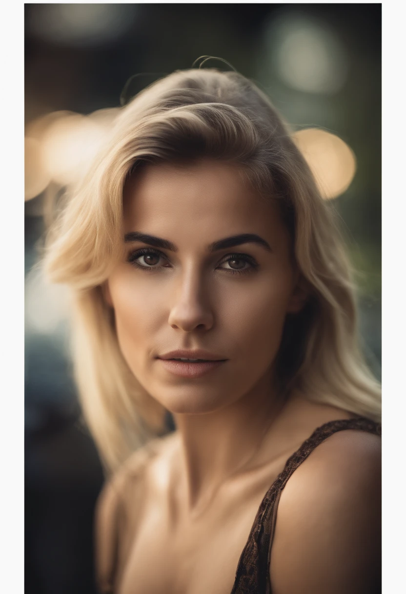 Retrato chica rubia perlo largo, brown eyes, enojada, agresiva, pandillera