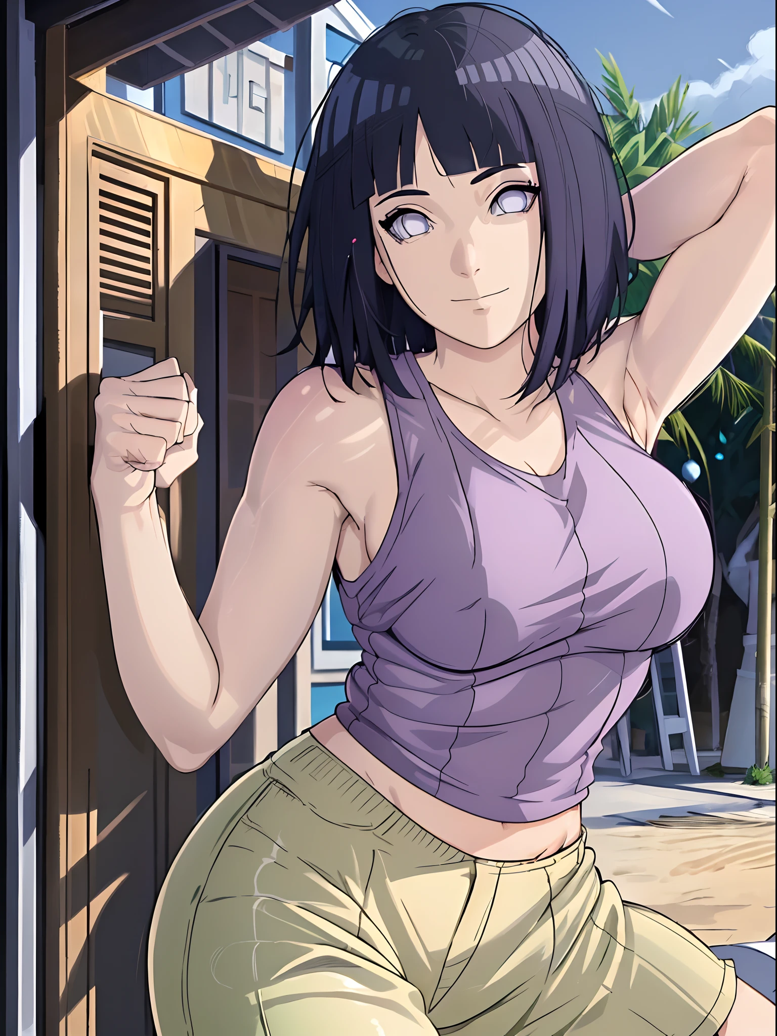 (WALLPAPER, (hinata\(boruto\), white pants, masterpiece, 4k, vector coloring, whole body shot, (high color saturation), contrast lighting, mature female, (curvy:0.8), solo, anime style, sharp focus, professional artwork, intricate details, colorful, vibrant colors, vivid colors, digital blending, ultra detailed body, ultra detail hair, ultra detail face, trending on pixiv, very hot colors, (((beach background, outdoors))), detailed bold arm lines, high color saturation, bold lines, bold drawing lines),
(((dancing, shaking)), (head tilt), closed mouth, kind smile, extremely happy),
((dark blue hair color:1.1), wavy hair, ((short hair, hime cut)),
(perfect eyes, white sciera, bright eyes, white eyes, anime eyes, smoky eyeliner, eyeshadow)
(white skin, (fair skin), slender body, milf, perfect face),
(legs, big breasts, off-shoulders, (detailed shoulders, little biceps)),
(bare shoulders, bare legs, (closed fists), hands down),
(((white tank top))))
