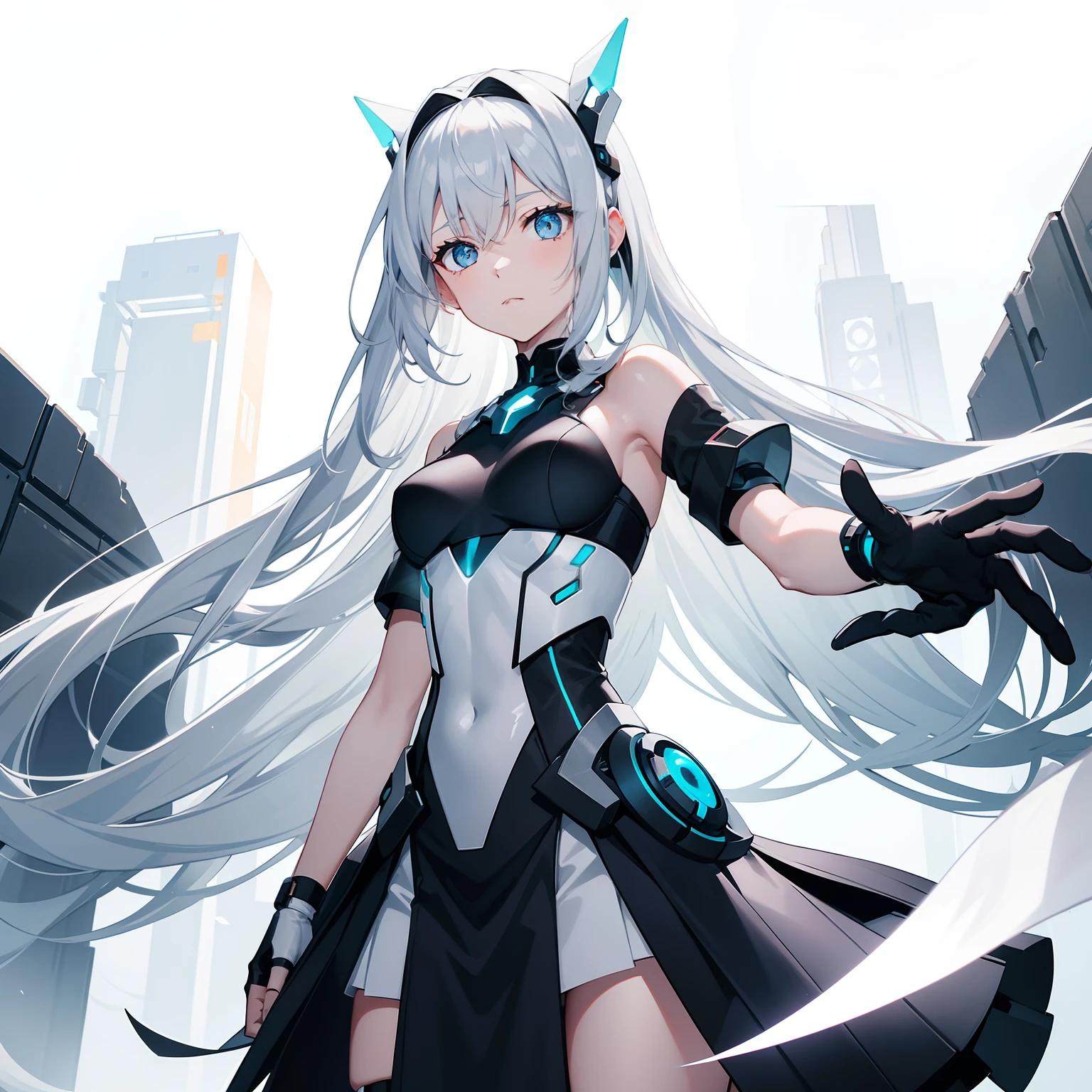 White off-the-shoulders cover the neck with short sleeves,Short light gray skirt,Futuristic technology sense dress,White futuristic technology stockings,A hand on his chest,The other hand is likened to Yah's gesture,Long colorful hair and waist,Large hairbands,Leaning against a railing,Slanted hair curtains,Air bangs,A sense of future technology,Surrounded by black two-dimensional space,horizon,starrysky
