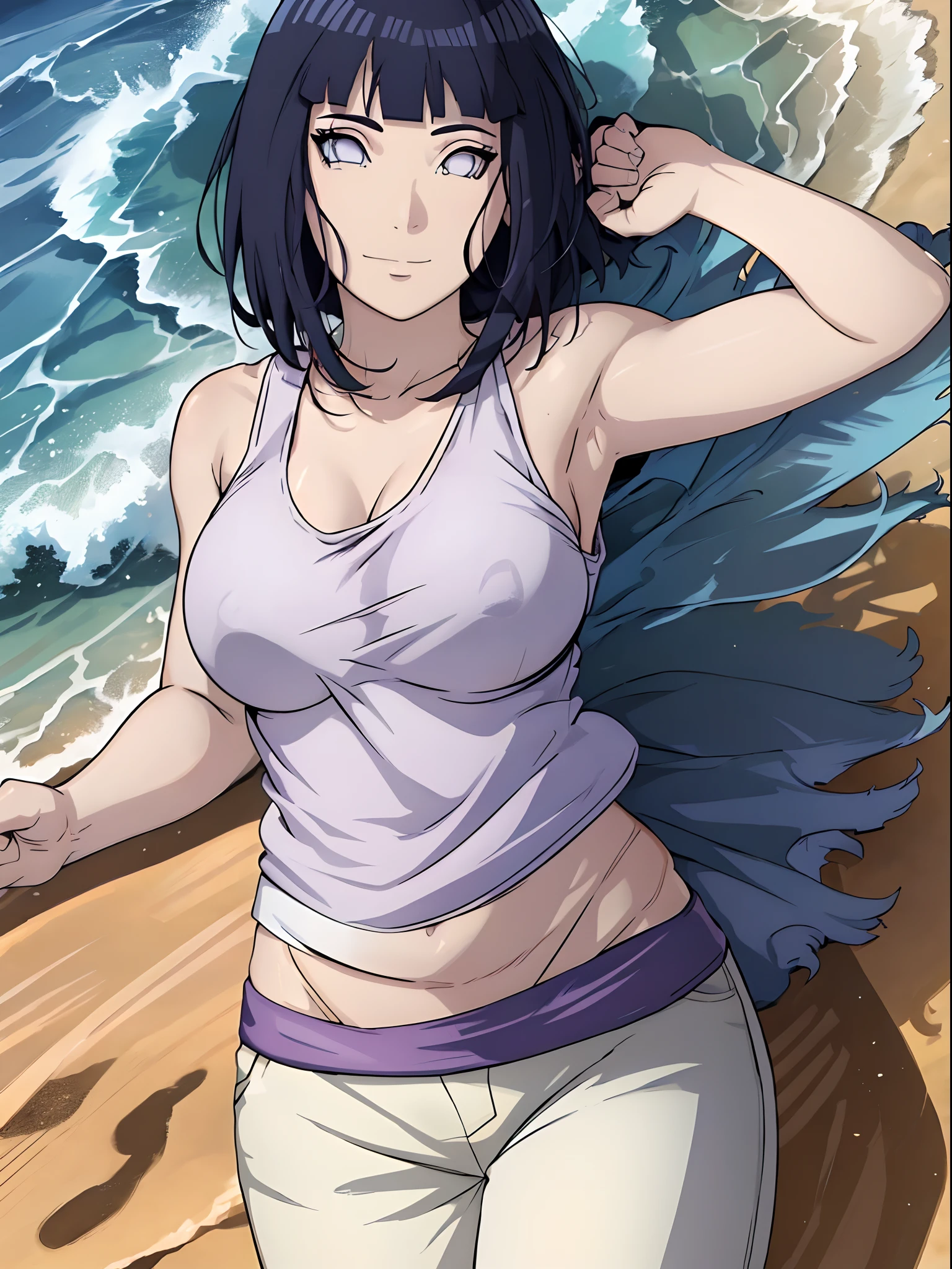 (WALLPAPER, (hinata\(boruto\), white pants, masterpiece, 4k, vector coloring, whole body shot, (high color saturation), contrast lighting, mature female, (curvy:0.8), solo, anime style, sharp focus, professional artwork, intricate details, colorful, vibrant colors, vivid colors, digital blending, ultra detailed body, ultra detail hair, ultra detail face, trending on pixiv, very hot colors, (((beach background, outdoors))), detailed bold arm lines, high color saturation, bold lines, bold drawing lines),
(((dancing, shaking)), (head tilt), closed mouth, kind smile, extremely happy),
((dark blue hair color:1.1), wavy hair, ((short hair, hime cut)),
(perfect eyes, white sciera, bright eyes, white eyes, anime eyes, smoky eyeliner, eyeshadow)
(white skin, (fair skin), slender body, milf, perfect face),
(legs, big breasts, off-shoulders, (detailed shoulders, little biceps)),
(bare shoulders, bare legs, (closed fists), hands down),
(((white tank top))))
