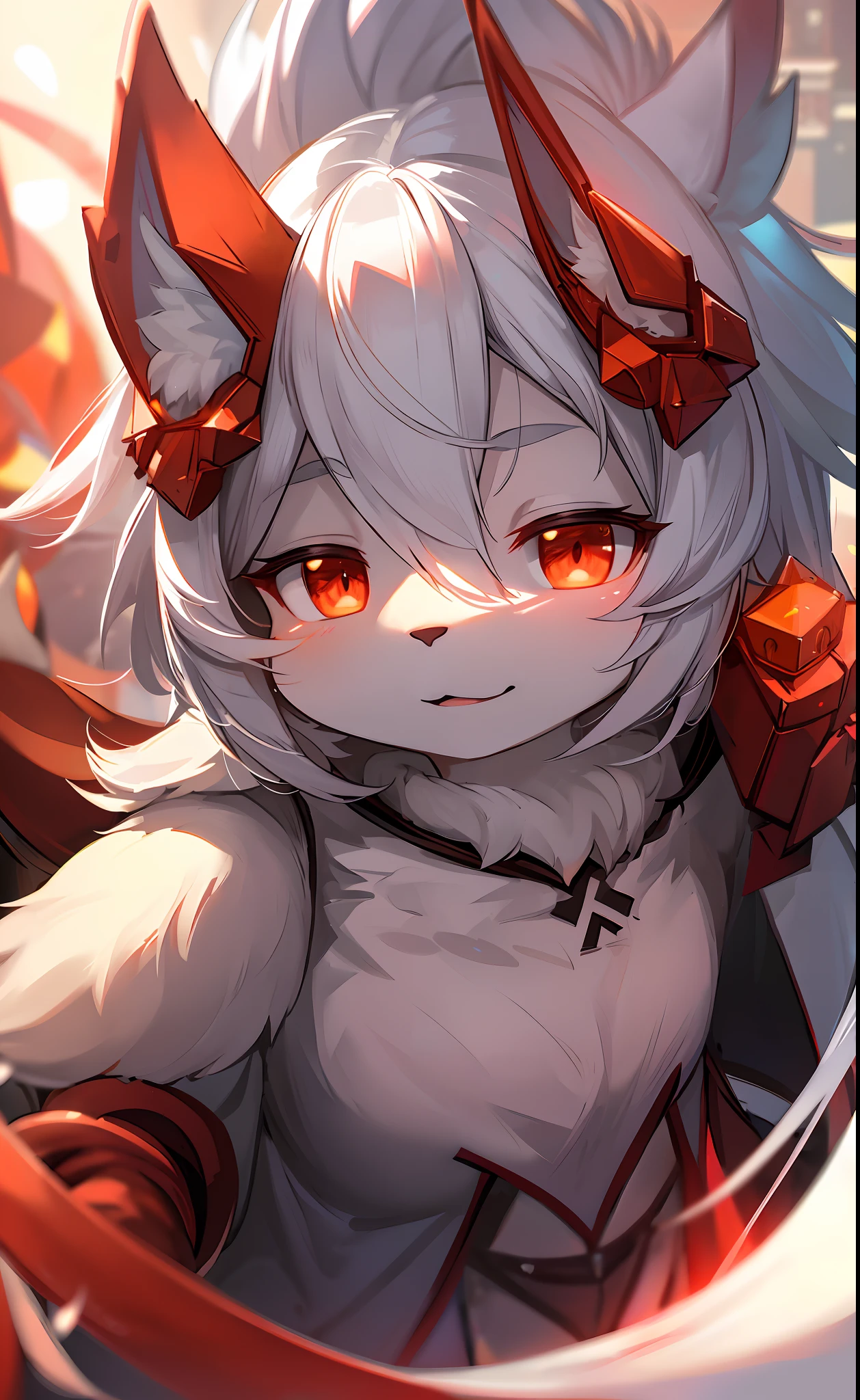 furry, white fur, ultra cute face, red elements on fur, glowing t-shrt, beautiful lights and shadows, ambient light, ultra detailed fur, volumetric light