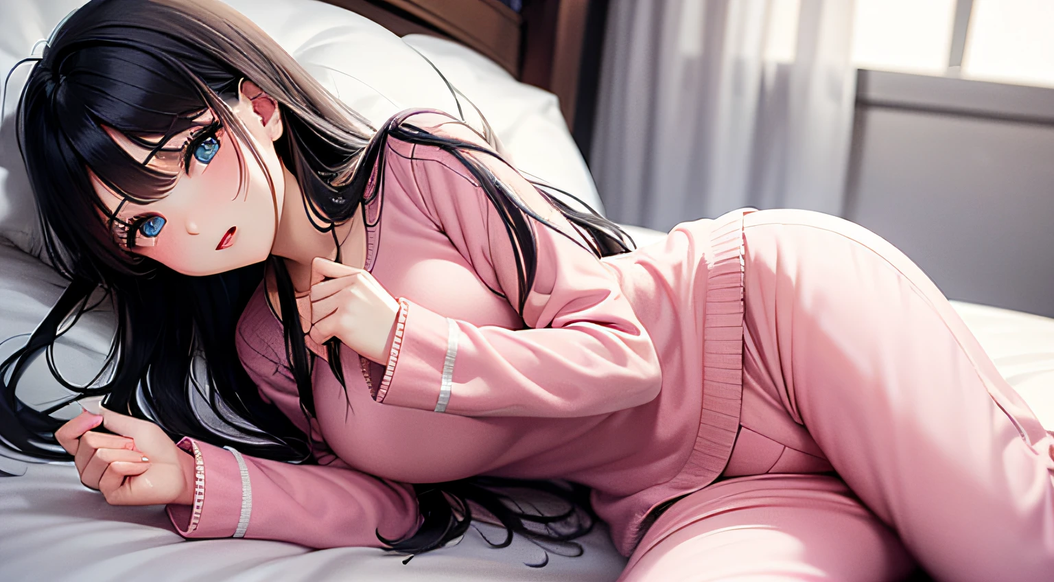 One in pink pajamas，Long black hair，blue color eyes， beautiful girl
Lying on the bed in the girl's bedroom，Peacefully fell asleep
