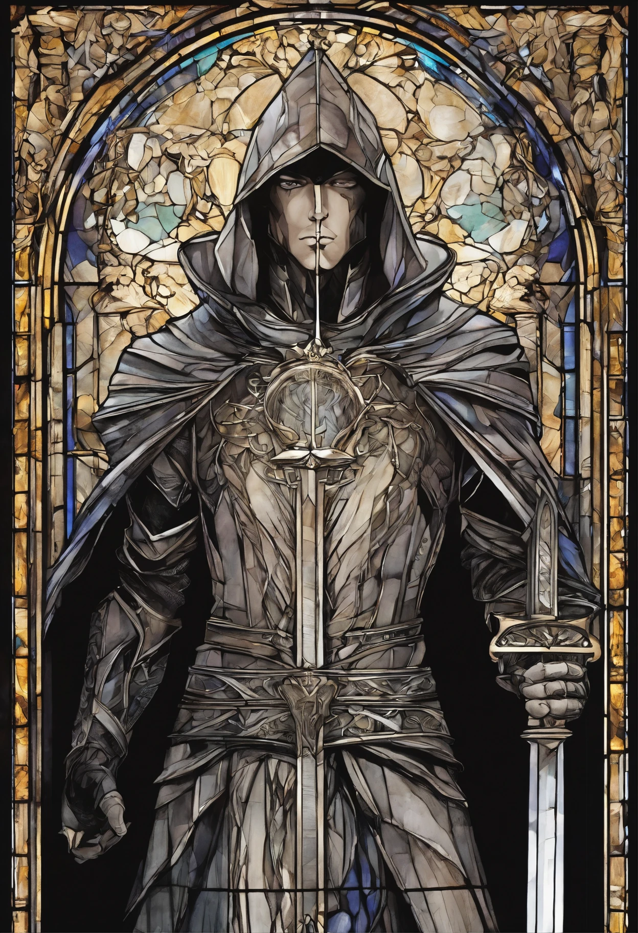 Hero of light, holding a shimmering sword into air, stained glass portrait, extremely detailed, absurdes