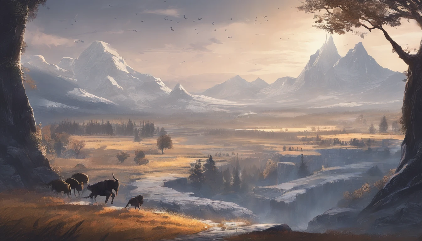There is a ruins in the distance,A large group of Minotaur monster enemies,Medieval landscape,Fantastical,4K,best qualtiy,primitive,((Ultra-detailed and high-precision details)),Power Hero & Magic 3,Fantastical,The background is the plain,path,grass field,the trees,wheat field,snow mountains,The scene is impressive,((Full body photo))