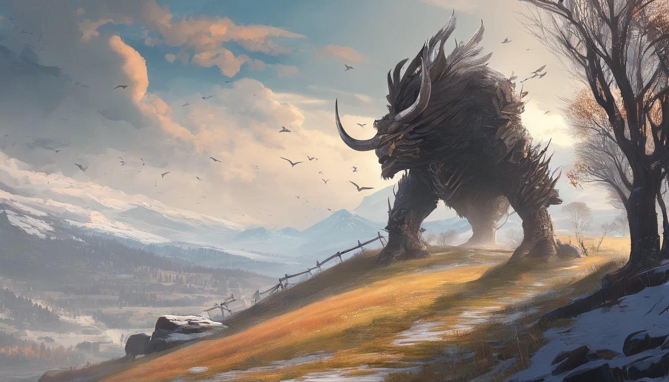 There is a ruins in the distance，A large group of Minotaur monster enemies，Medieval landscape，Fantastical，4K，best qualtiy，primitive，（(Ultra-detailed and high-precision details))，Power Hero & Magic 3，Fantastical，The background is the plain，path，grass field,the trees，wheat field，snow mountains，The scene is impressive,((Full body photo))