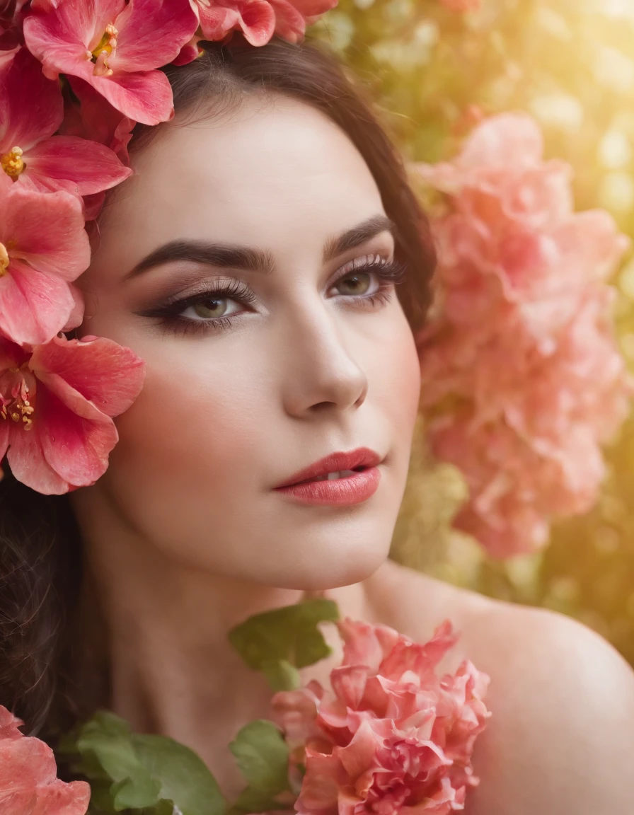 woman with creative fantasy makeup, face surrounded by flowers, close up framing of face, bold color palette, side studio lighting, bokeh style, in the style of ultrafine detail, high quality photo (close-up)