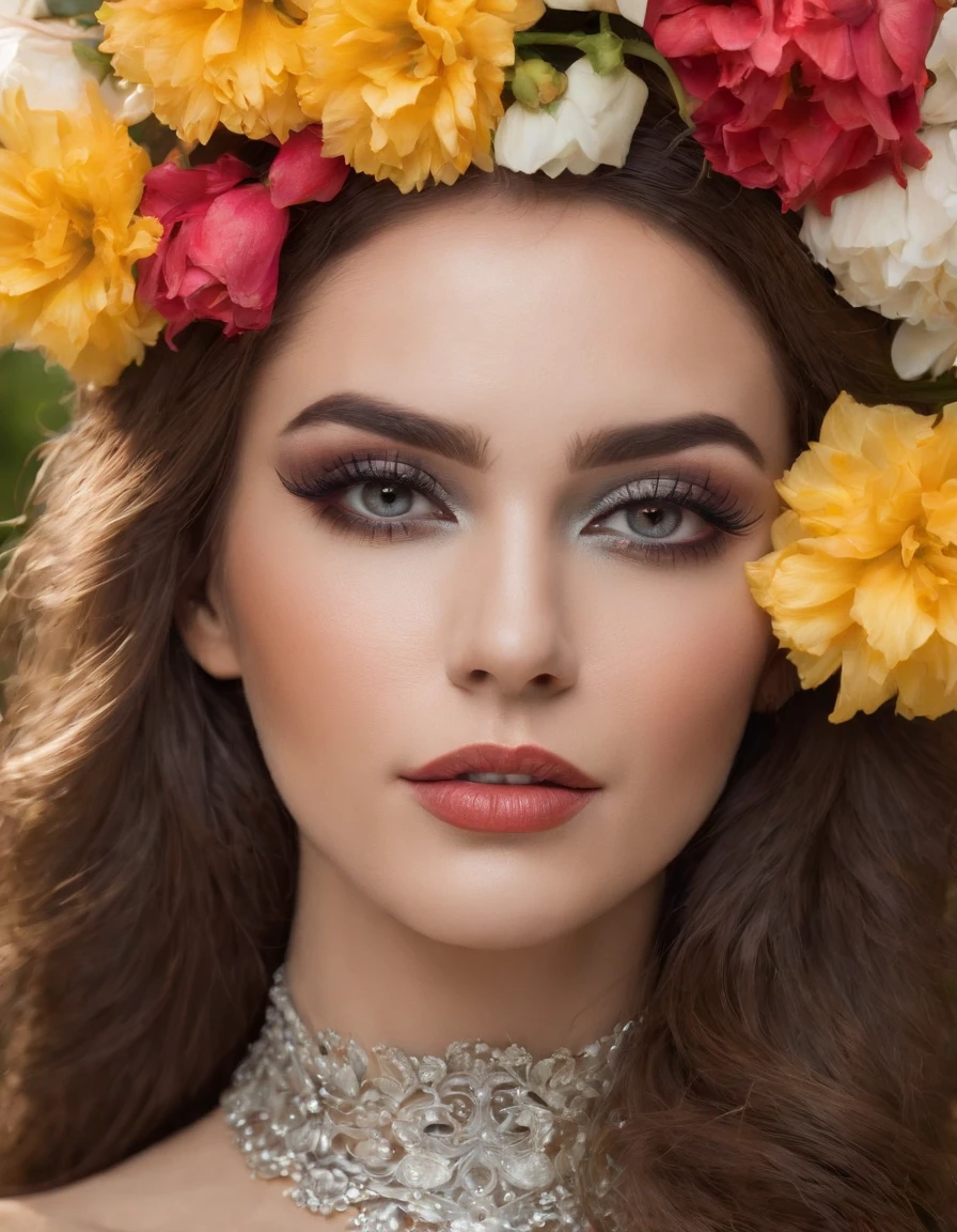 woman with creative fantasy makeup, face surrounded by flowers, close up framing of face, bold color palette, side studio lighting, bokeh style, in the style of ultrafine detail, high quality photo (close-up)