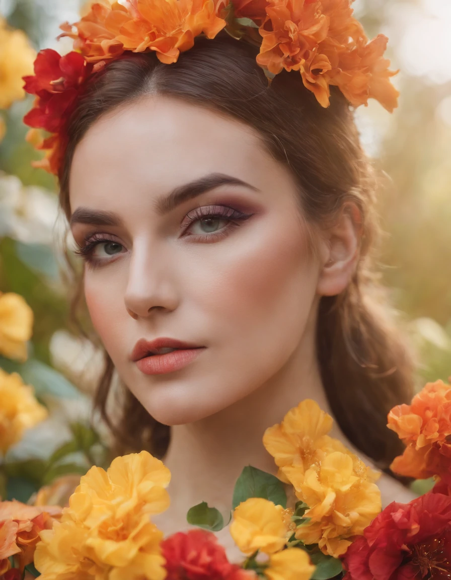 woman with creative fantasy makeup, face surrounded by flowers, close up framing of face, bold color palette, side studio lighting, bokeh style, in the style of ultrafine detail, high quality photo (close-up)