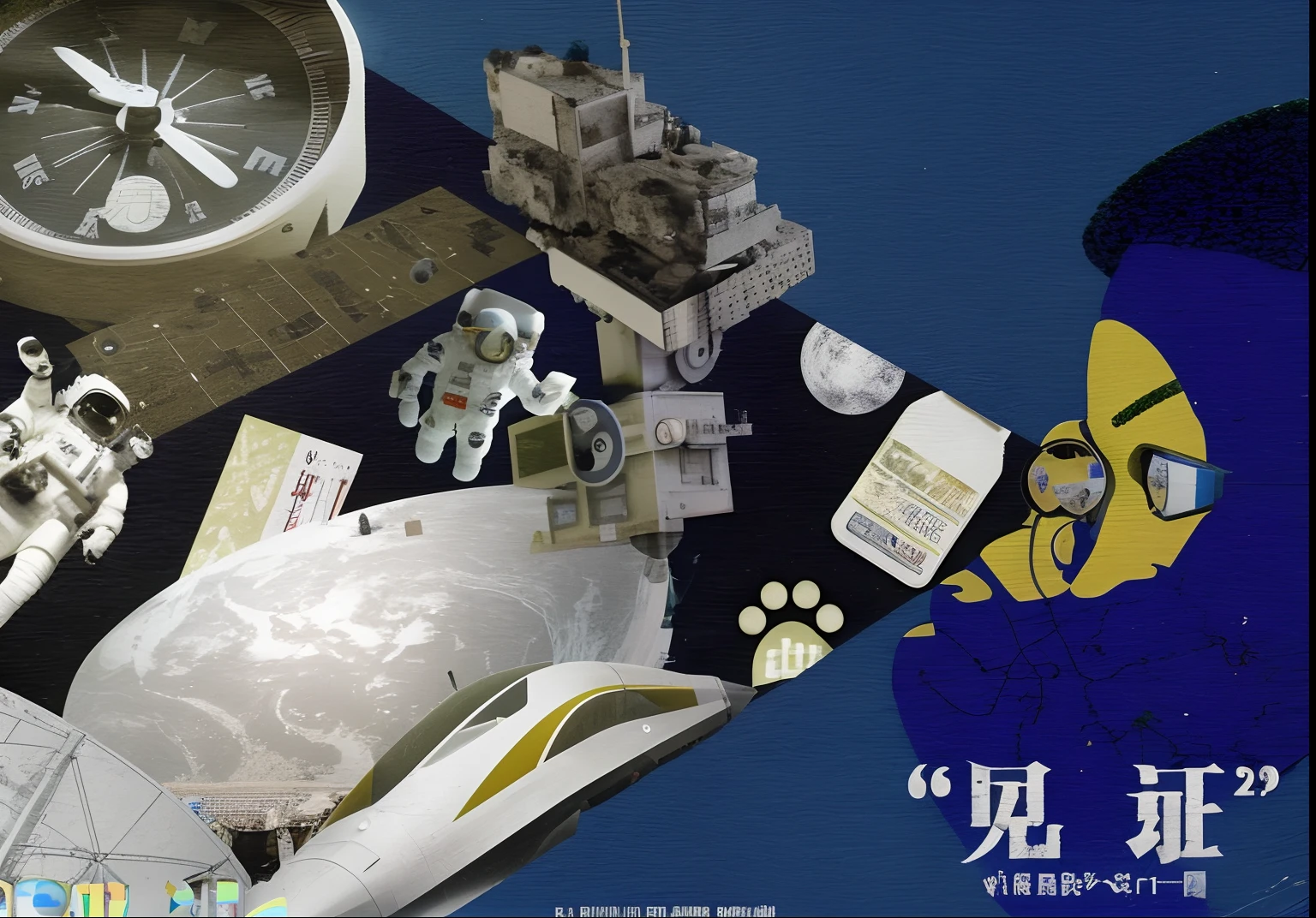 There is a picture of a table,There are clocks and various items on it, Collage of space travel, overlaid with chinese adverts, vaporwave sci - fi, inspired by Chris Ware, digital collage, sci-fi themed, artwork in the style of z.Show on the. gu, space graphics art in background, vaporwave artwork composition, Artistic cover, Sci-Fi - Fi!!