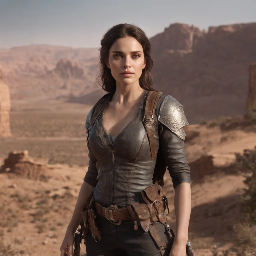 An attractive woman, [gunslinger:bounty hunter:0.4], stands in an apocalyptic wilderness. The woman has beautiful, detailed eyes and lips, as well as an extremely detailed face. She exudes confidence and determination in her posture and expression. Her outfit reflects her role as a gunslinger, with rugged and worn clothing that matches the post-apocalyptic setting. The wilderness surrounding her is barren and desolate, with remnants of civilization in ruins. The atmosphere is filled with an eerie glitchwave style, giving the scene a futuristic and distorted aesthetic. The colors are vibrant and bold, contrasting with the gloomy surroundings. The lighting casts dramatic shadows and highlights, enhancing the overall mood of the artwork. The artwork should be of the best quality, with high resolution (4k, 8k), showcasing the ultra-detailed features of the woman and the environment. It should have a realistic and photorealistic appearance, capturing every intricate detail. The final result should be a masterpiece, achieved through the use of studio lighting and physically-based rendering techniques.
