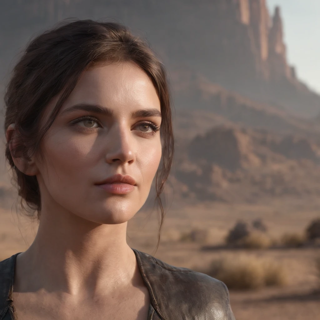 An attractive woman, [gunslinger:bounty hunter:0.4], stands in an apocalyptic wilderness. The woman has beautiful, detailed eyes and lips, as well as an extremely detailed face. She exudes confidence and determination in her posture and expression. Her outfit reflects her role as a gunslinger, with rugged and worn clothing that matches the post-apocalyptic setting. The wilderness surrounding her is barren and desolate, with remnants of civilization in ruins. The atmosphere is filled with an eerie glitchwave style, giving the scene a futuristic and distorted aesthetic. The colors are vibrant and bold, contrasting with the gloomy surroundings. The lighting casts dramatic shadows and highlights, enhancing the overall mood of the artwork. The artwork should be of the best quality, with high resolution (4k, 8k), showcasing the ultra-detailed features of the woman and the environment. It should have a realistic and photorealistic appearance, capturing every intricate detail. The final result should be a masterpiece, achieved through the use of studio lighting and physically-based rendering techniques.