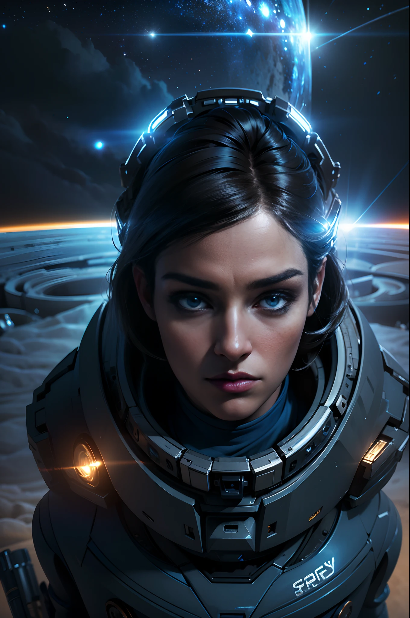 Highest quality, Ultra-high definition, Masterpieces, 8K quality, Beutiful women,A look of determination,blue colored eyes,Clear and refined facial features,Space scene,Bright planet,Clouds of dust in galaxies,Exciting sense of adventure,(Realistic 3D,Interstellar space travel,ultra-wide-angle:1.2)