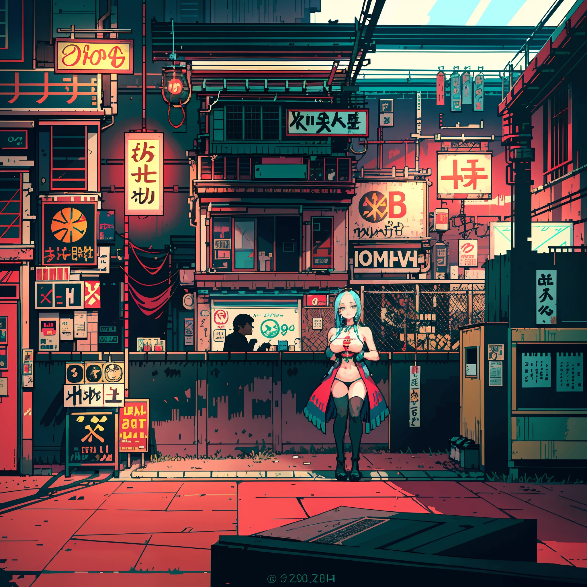 Balcony background，World-weary face，Neon lights at night，The breeze ruffles the hair，big-breasted beauty，Sexy nudity，Cyberpunk Personality