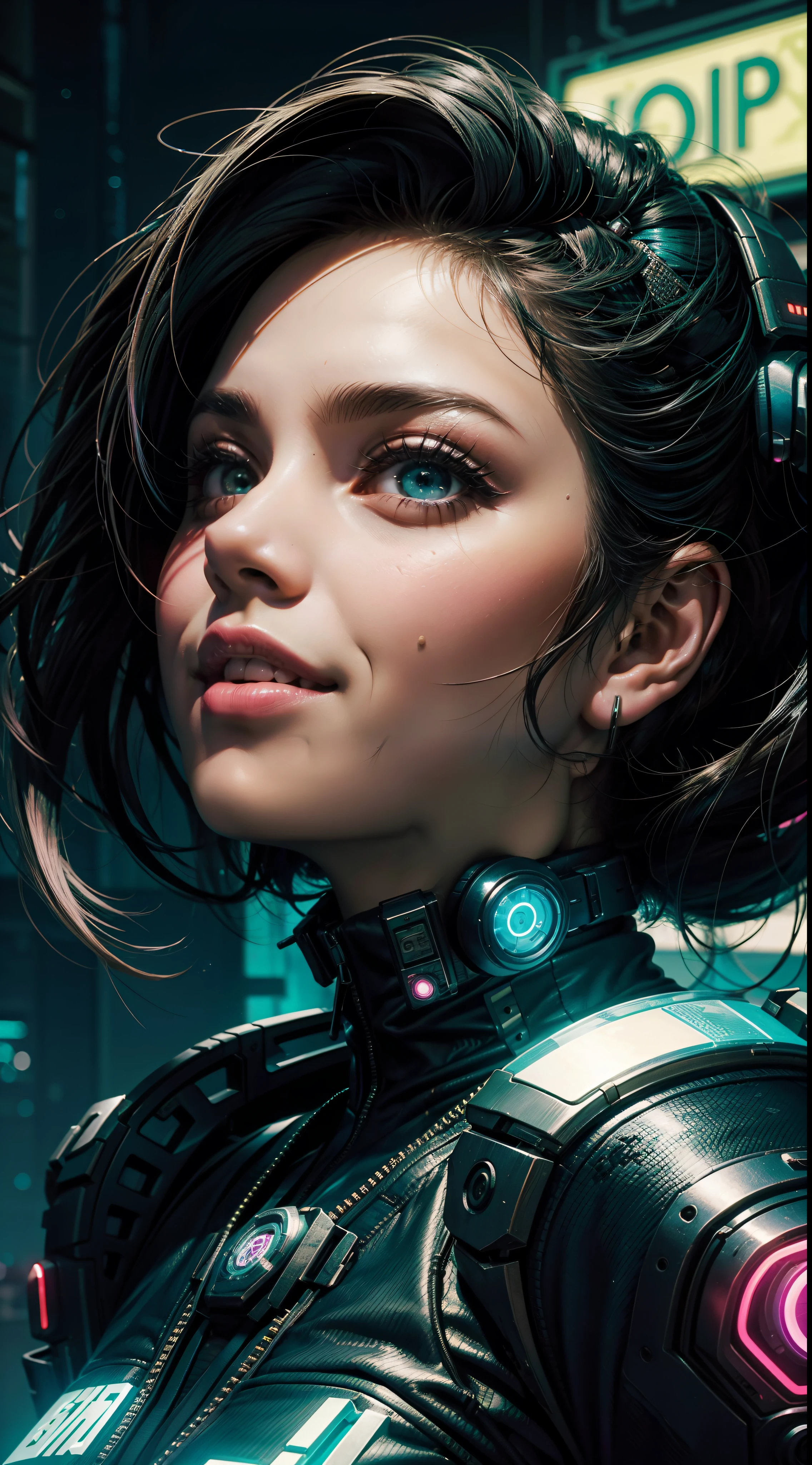 Garota sorrindo estilo cyberpunk mexicana na cidade a noite neon cyberpunk