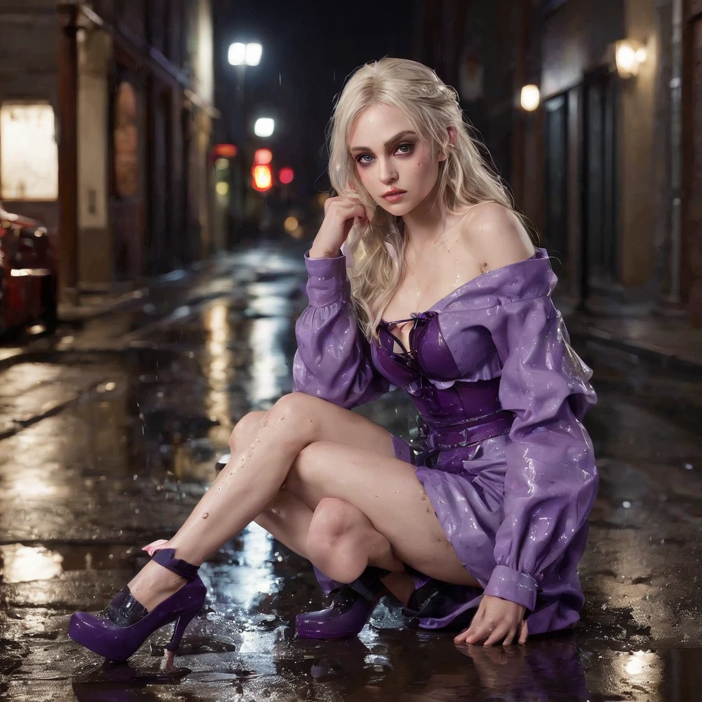 3d, hyper-realistic, sculpture of a Preteen fairy goth Mila Kunis sitting on the floor in an alley, pale skin, long blonde hair, looking messy, dripping makup with a bottle of wine in hand, wearing purple punk boots, (wedding dress garter:1.2), athletic and fit body, thin, flirty, looking happy challenging, looking at the camera, night, city lights (rain, puddles:1.5), realistic, HDR, UHD, dynamic, portrait shot,