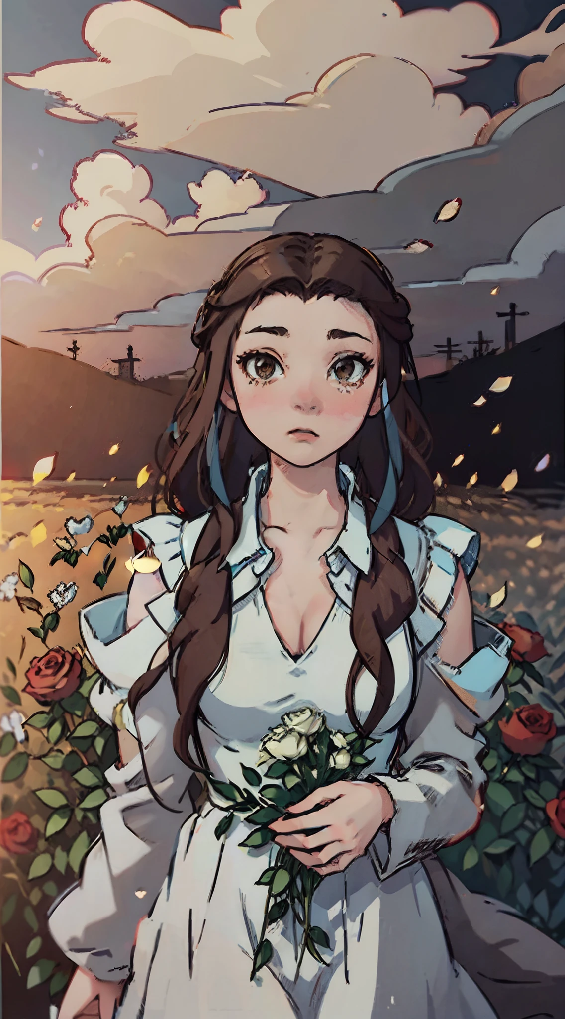 superflat anime style, Poetic shots, hazy light and shadow, aestheticism, melancholic film, (cloudy), 1 girl, brown hair, braids, emotional depth, white dress, flowers, flower fields, roses, bloom, brown eyes, vibrant colour,